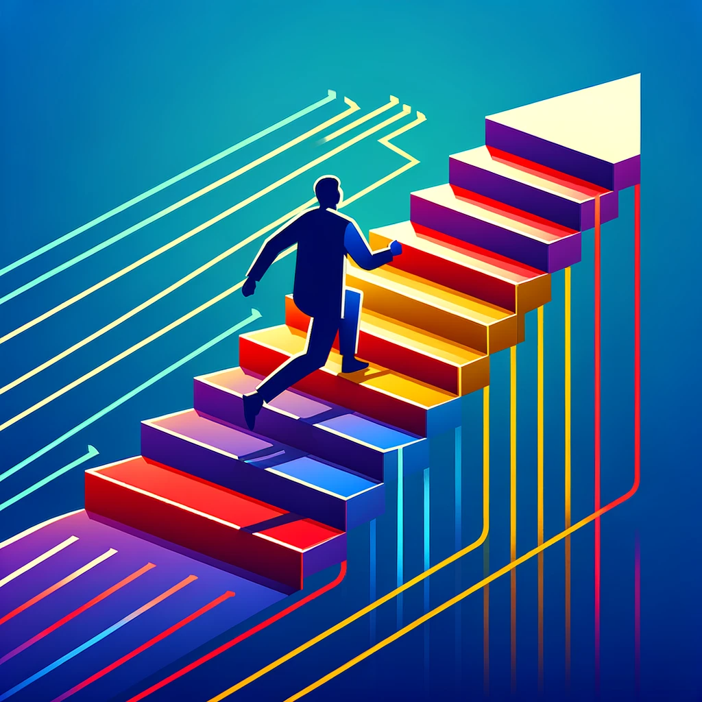 Illustrated image of a mentoring process through a man walking up stairs in a rainbow color scheme.