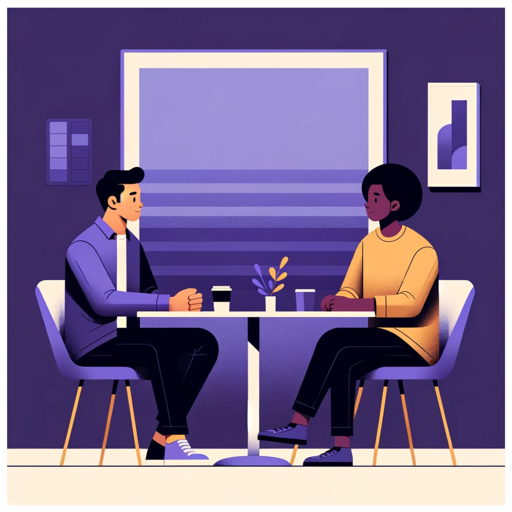 An image of two people sitting at a table engaging in a micro-mentoring relationship.