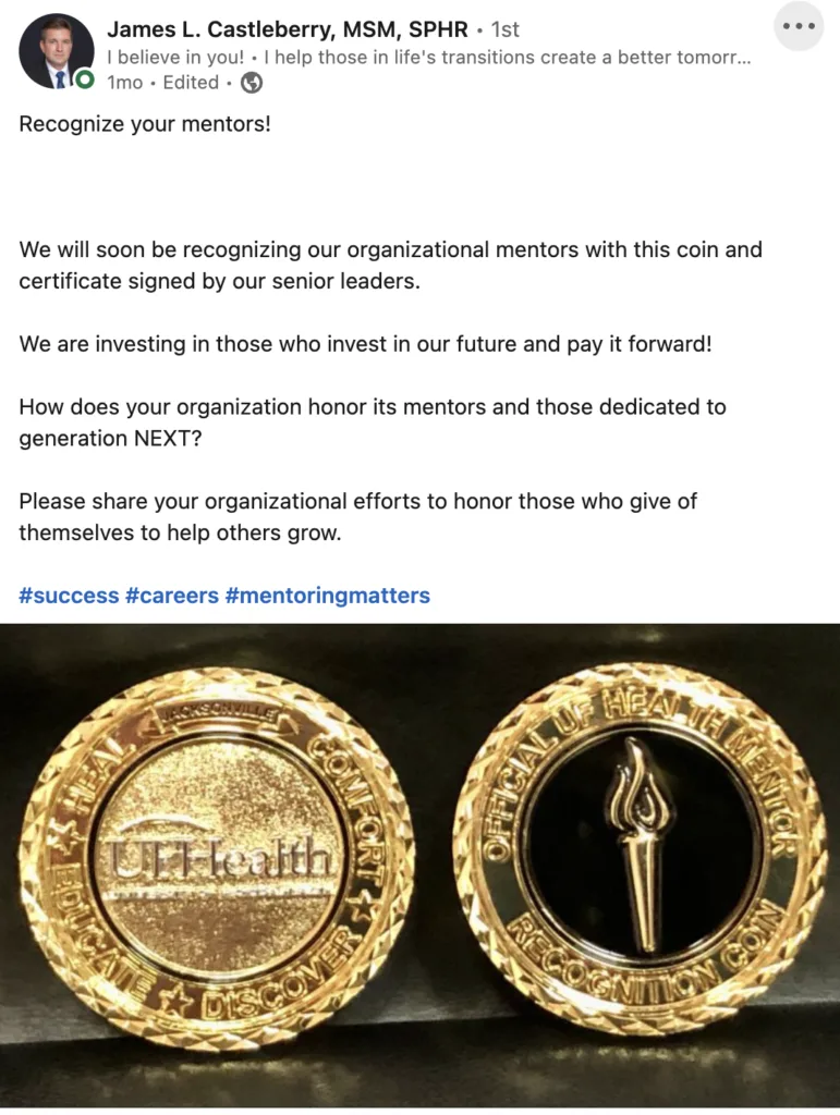 Veteran mentoring programs using challenge coins for engagement.